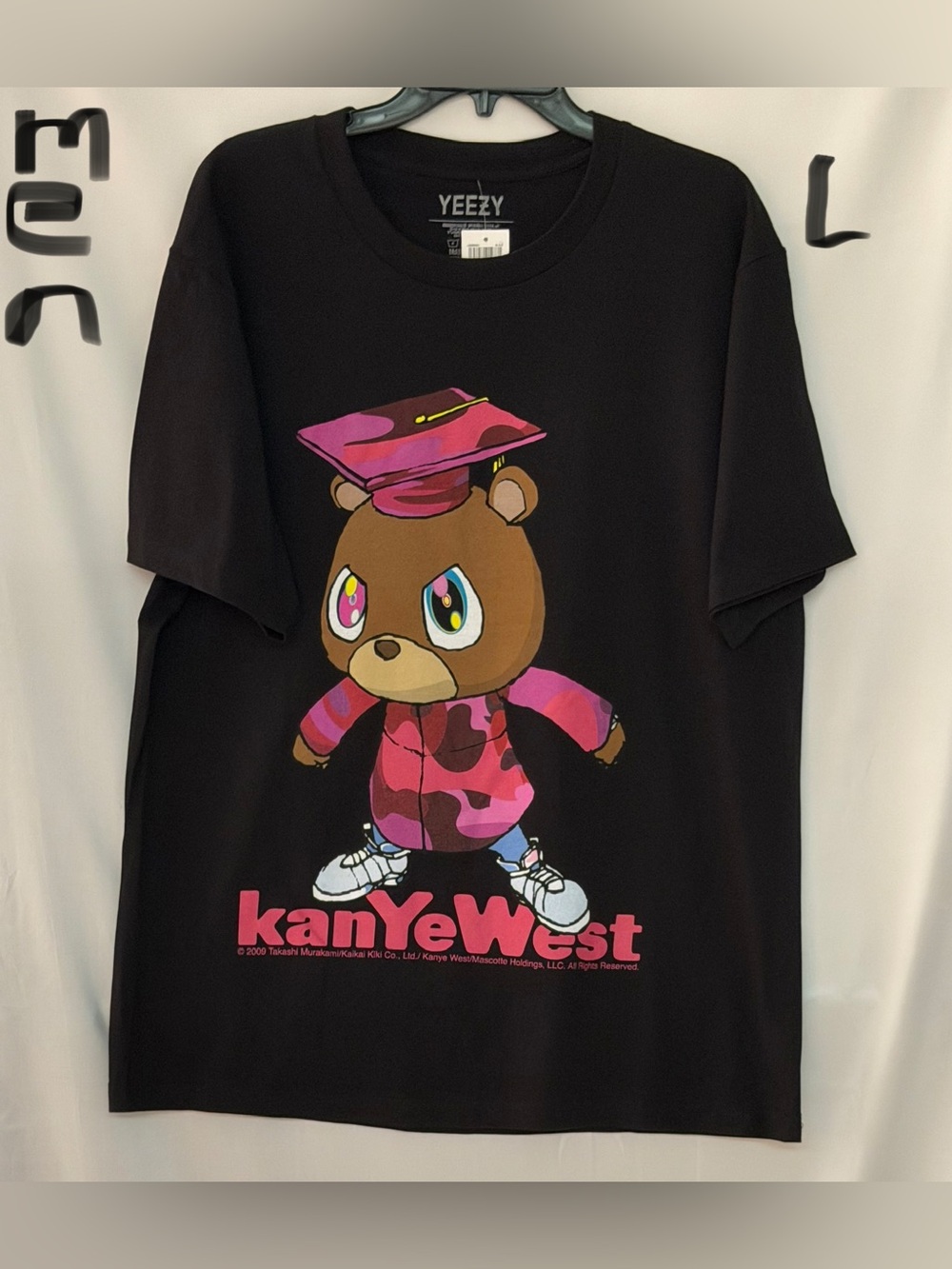 Yeezy Black Tee with Pink Camo Bear Graphic and Multicolor Eye Accents